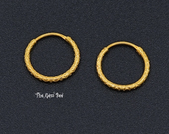 12.5mm 15mm 20mm Petite 18K Solid Yellow Gold Handcrafted Antique Style Textured Hoop Earrings PAIR
