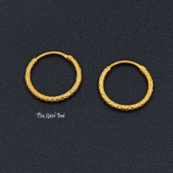 12.5mm 15mm 20mm Petite 18K Solid Yellow Gold Handcrafted Antique Style Textured Hoop Earrings PAIR