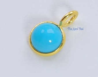 6mm 18k Solid Yellow Gold Sleeping Beauty Turquoise Round Coin Cabochon Bezel Pendant Charm Quantity: (1) or (5)