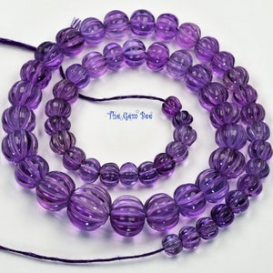 7mm-15mm Rare Large African Purple Amethyst Carved Melon Rondelle Fluted Carving Bead 17.5&quot; Strand