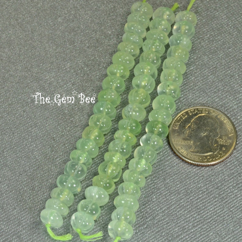 8mm-8.5mm Glowing Prehnite Carved Fluted Melon Rondelle Beads 3 inch strand