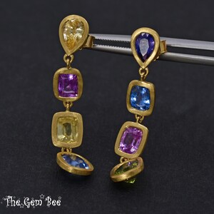 8CT 18k Solid Yellow Gold Natural Multi Color Sapphire Dangle Linear Earrings PAIR image 8