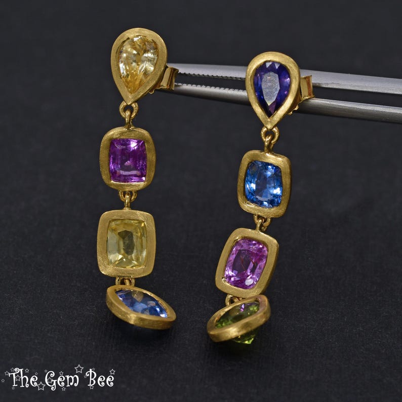8CT 18k Solid Yellow Gold Natural Multi Color Sapphire Dangle Linear Earrings PAIR image 8