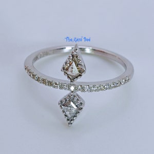 0.64CT 18k Solid White Gold Rose Cut Organic Salt and Pepper Pear Diamond Ring Set Size 5.75