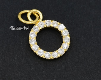 8mm 14K Solid Yellow Gold Diamond Circle Ring Charm Necklace Pendant