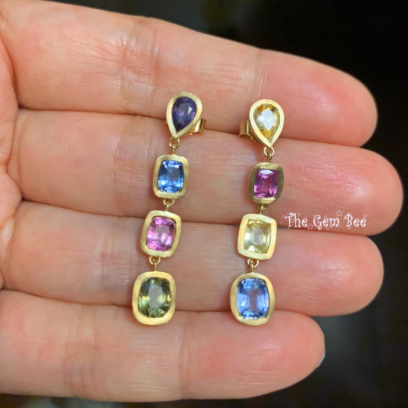 8CT 18k Solid Yellow Gold Natural Multi Color Sapphire Dangle Linear Earrings PAIR image 1