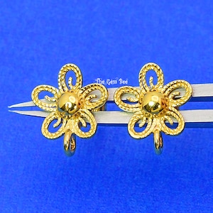 14k Solid Yellow Gold Filigree Fancy Flower Ear Posts With Backs PAIR