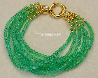 Finest Colombian Emerald Bead 18K 14k Solid Yellow Gold Diamond Bracelet 7 inch