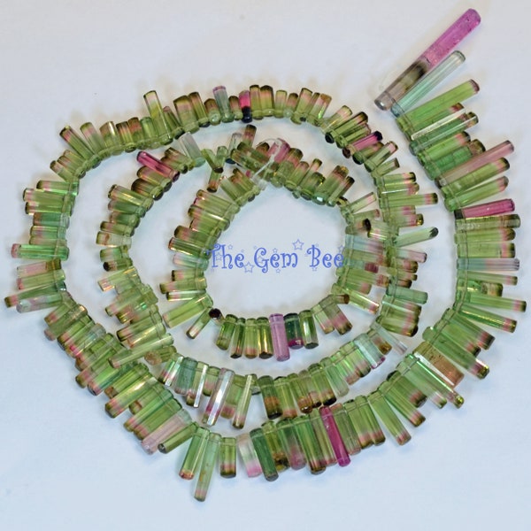 107.3ct Pink Green Watermelon Tourmaline Crystal Faceted Stick Briolette Beads 19.2 inch strand