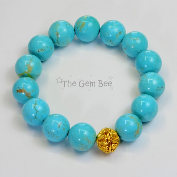 13.7mm 18k gold Spacer Arizona Kingman Blue Gold Matrix Turquoise Bracelet 8"