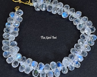 18K Solid Yellow Gold Finest Faceted Blue Flash Teardrop Briolette Moonstone Bracelet 8 INCH