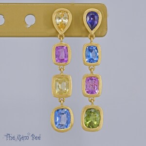 8CT 18k Solid Yellow Gold Natural Multi Color Sapphire Dangle Linear Earrings PAIR image 2