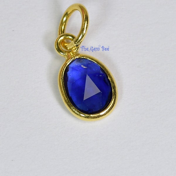 18k Solid Yellow Gold Natural Rose Cut Blue Sapphire Bezel Charm with 3.3mm Hole Loop Jump Ring