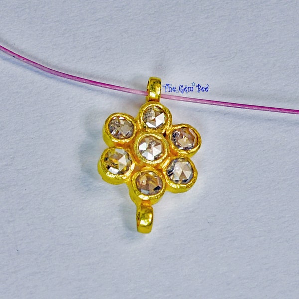 7mm 18k Solid Yellow Gold Rose Cut Champagne Diamond Flower Floral Charm Pendant Connector