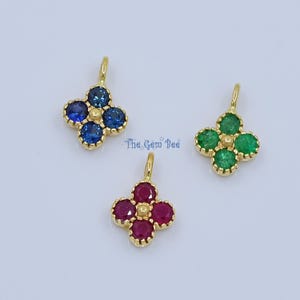 6mm Minimalist 14k Solid Yellow Gold Red Ruby Green Emerald Blue Sapphire Clover Flower Bezel Charm Pendant