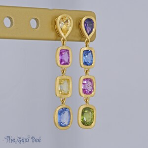8CT 18k Solid Yellow Gold Natural Multi Color Sapphire Dangle Linear Earrings PAIR image 4