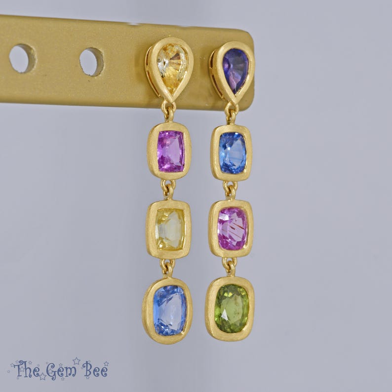 8CT 18k Solid Yellow Gold Natural Multi Color Sapphire Dangle Linear Earrings PAIR image 4