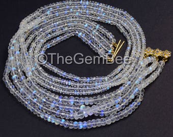 14K Solid Gold Sapphire Finest Blue Flash Moonstone Necklace 18 INCH