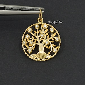 17.5mm 14K Solid Yellow Gold Natural Diamond Tree of Life Motif Charm Necklace Pendant