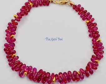 GIA CERT 18k Solid Yellow Gold Gem Grade No Heat Unheated Fine Ruby Smooth teardrop Briolettes Beads 7" Bracelet