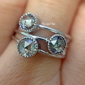 0,8CT 18k Ouro Branco Sólido Corte Rosa Orgânico Sal e Pimenta Redondo Anel de Diamante Moeda Tamanho 7