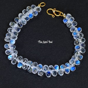 18K Solid Yellow Gold Finest Faceted Blue Flash Moonstone Teardrop Briolette Bracelet 7 INCH With Diamond Clasp