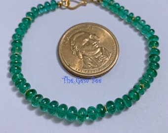 Finest Zambian Emerald Smooth Rondelle 18k Solid Yellow Gold Bracelet 7 inch