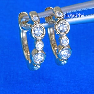 12mm 14k Solid Yellow Gold Bezel Set Diamond Fancy Rounded Hoop Earrings