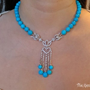 GIA Sleeping Beauty Turquoise 16.5&quot; necklace 14k Solid White Gold Diamond