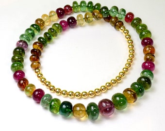 545.25CT Tourmaline Plain Rondelle Bead 18K Solid Yellow Gold Necklace