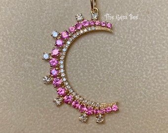 21.5mmx37.5mm 14K Solid Yellow Gold Diamond Natural Pink Sapphire Large Crescent Moon Charm Necklace Pendant
