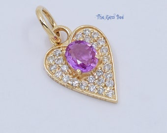 10mmx12.5mm 14K solid Yellow Gold Diamond Purple Pink Sapphire LOVE Heart Charm Necklace Pendant