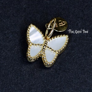 14K Solid Yellow Gold Mother Of Pearl MOP Butterfly Charm Necklace Pendant Made In Italy