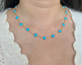 18k Solid Yellow Gold Station Necklace With 7.8mm Sleeping Beauty Turquoise Round Bezel Adjustable (16/17/18 inch)