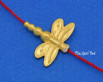 18k Solid Yellow Gold Handmade Dragonfly Bug Insect Spacer Finding Bead Natural Diamond Accent Double Sided