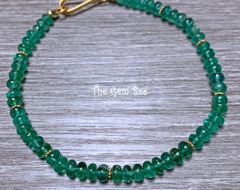 Finest Zambian Emerald Smooth Rondelle 18k Solid Yellow Gold Bracelet 7 inch