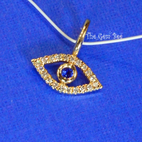 9.55mmx6mm 14K Solid Yellow Gold Diamond blue Sapphire Evil Eye Protection Minimalist Charm Necklace Pendant