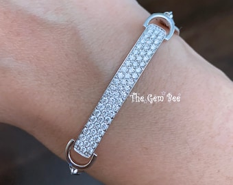 14K Solid White Gold 1.35CT Diamond Bar Interlocking Bolo Bracelet Pull Adjustable