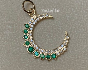 18mmx24.5mm 14K Solid Yellow Gold Diamond Natural Emerald Crescent Moon Charm Necklace Pendant