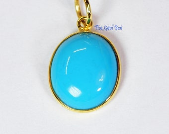 11mmx19.5mm 18k Solid Yellow Gold Large Sleeping Beauty Turquoise Oval Bezel Pendant Charm With 5.6mm Loop Jump Ring