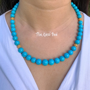 GIA 8.3mm-11mm High color Deep Blue Sleeping Beauty Turquoise 20.5&quot; necklace 18k Solid Yellow Gold Clasp