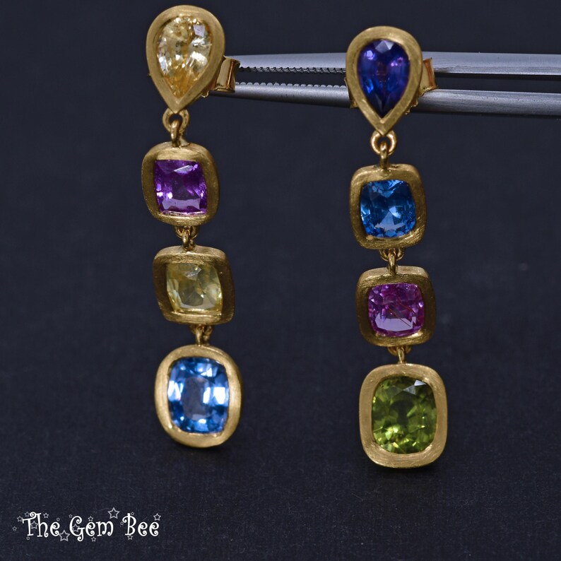 8CT 18k Solid Yellow Gold Natural Multi Color Sapphire Dangle Linear Earrings PAIR image 6