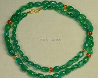 191.85CT Colombian Emerald Freeform Nugget Spessartite Rondelle 18K Gold Diamond Necklace 25 INCHES