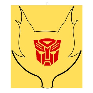 Puede incluir: Un fondo amarillo con un contorno negro en forma de llama. Dentro de la llama hay un símbolo Autobot rojo.