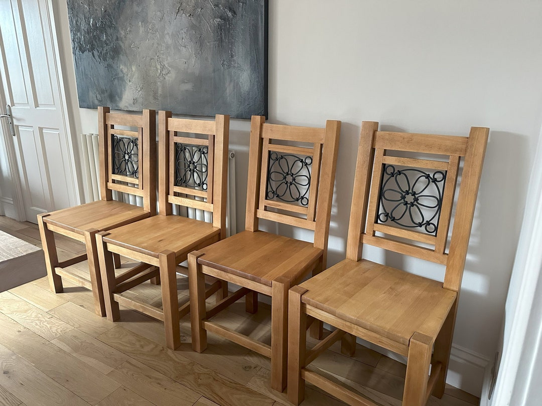 Set of 4 Solid Oak Dining Room Chairs With Wrought Iron Detail Restored ...