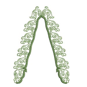 Könnte beinhalten: Ein grünes Stickmuster in Form eines umgekehrten V. Das Design weist komplizierte Blumen- und Scrollmuster entlang der Kanten mit einer durchgehenden grünen Kontur auf. Der Hintergrund ist schlicht weiß.