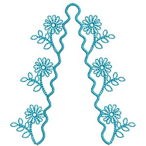 Puede incluir: Un diseño simétrico con cuatro flores azules con hojas a cada lado, todas conectadas por una línea ondulada.