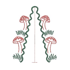 May include: An embroidery design featuring two vertical wavy dark green lines flanking a central straight line. Four red mushrooms with white spots are arranged symmetrically, two on each side, interspersed with small dark green grass tufts.