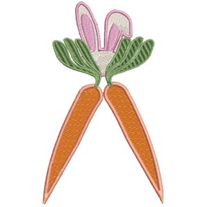 Può includere: Due carote arancioni con foglie verdi e una testa di coniglio rosa che sporge dalla cima.