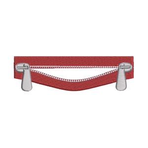 May include: Red zipper with silver pull tabs. The zipper is open and the teeth are visible.